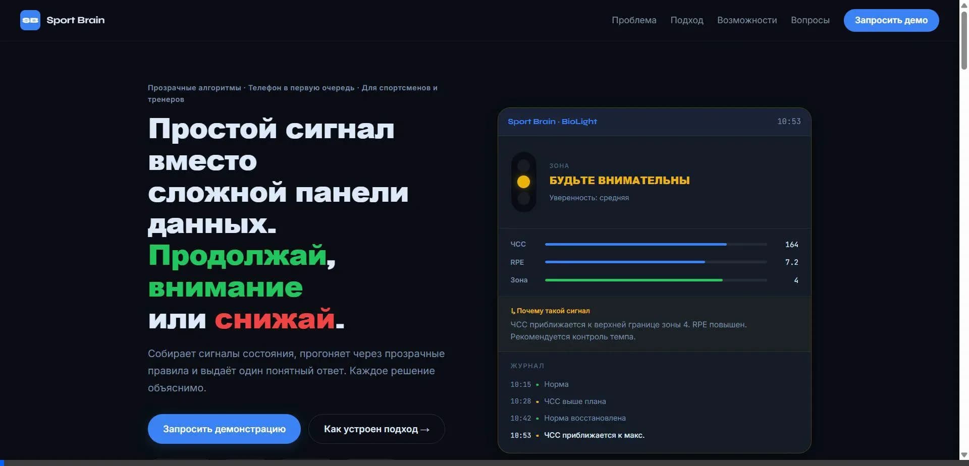 Интерфейс прототипа Sport Brain с объяснением сигнала
